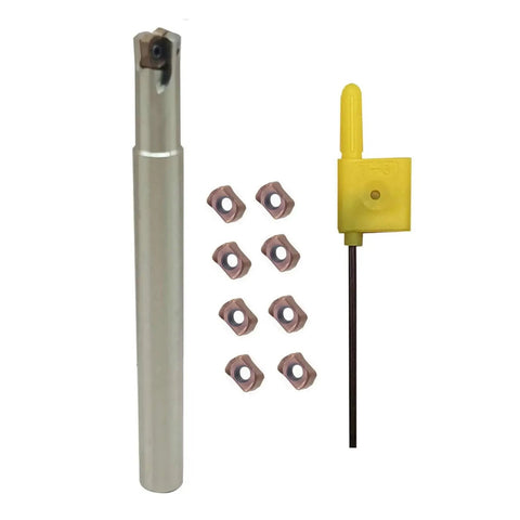 Indexable 3/8 Inch Shank Metal Lathe End Mill Tool Holder EXN02R with 10 Pcs LNMU020209ZNER inserts and adjustment tool.