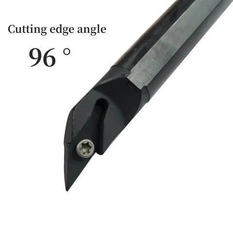Close-up of Five Eighth Inch Lathe Tool Holder With Ten VCMT Carbide Inserts for metal turning with 96-degree cutting edge angle.