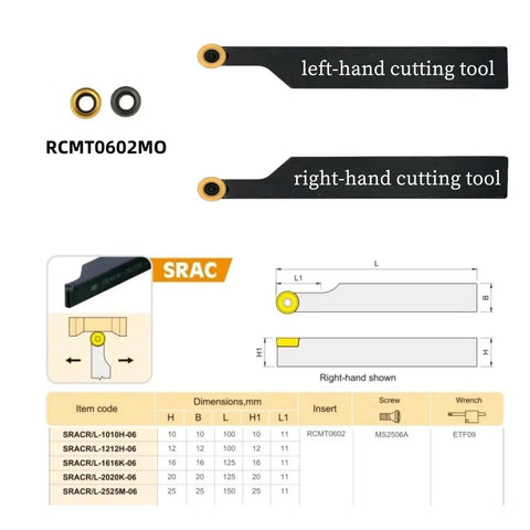 Two Piece Lathe Tool Holder Set For Half Inch Lathes With Twenty RCMT0602MO Carbide Inserts SRACR L1212H06 diagram