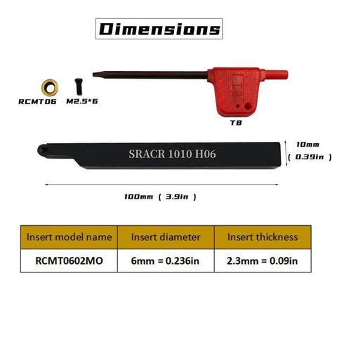 Image showing the Three-Eighths Inch SRACR1010H06 Right Hand 90 Degree Lathe Turning Holder With R3 Yellow Finish, including tool measurements and parts.
