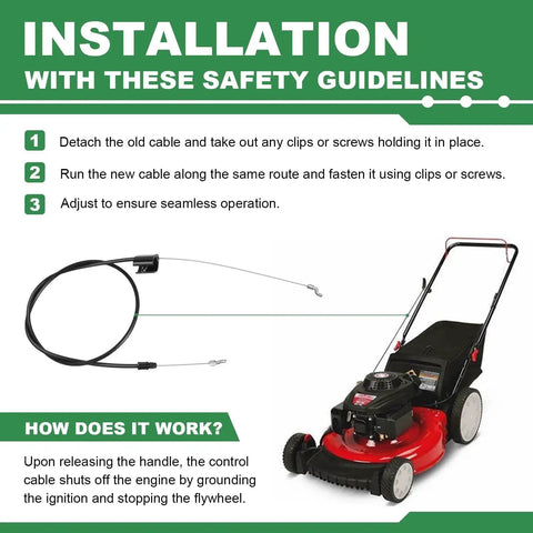 Installation guide for Heavy Duty Control Cable 946-1130 Direct Replacement for Riding Lawn Mowers with image of cable and mower.