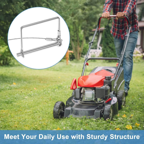 Man mowing lawn with a red lawnmower, showcasing 20 Pack Trailer Coupler Pins With Steel Quick Release Rings inset for lawn hitches.