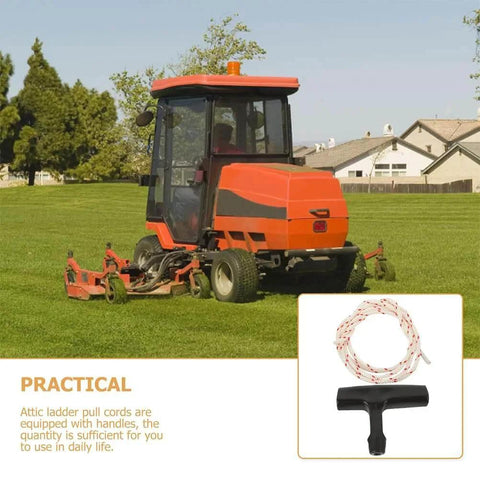 Image of a lawnmower on grass with Two Pack Garage Door Emergency Release Pull Rope Kit With Plastic Handle inset below