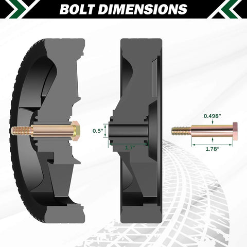 Cross-section view of 12 Inch Lawn Mower Wheels 2 Pack with Bolts and Lock Nuts, showing bolt dimensions and structure details.