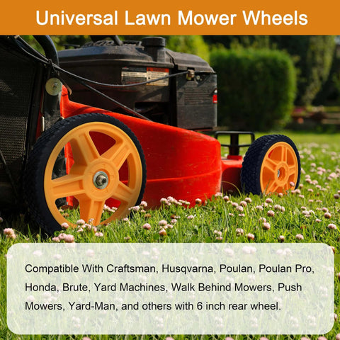 Red lawn mower on grass with 6 Inch Lawn Mower Wheels for Push Mowers, Plastic PU Wheels with Bolts & Nuts