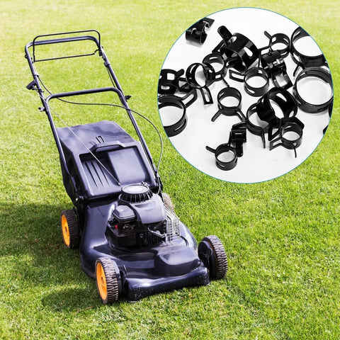 80 Pieces Vacuum Hose Clamps Assortment Kit for 6mm to 18mm Silicone Tubing next to a lawn mower on grass