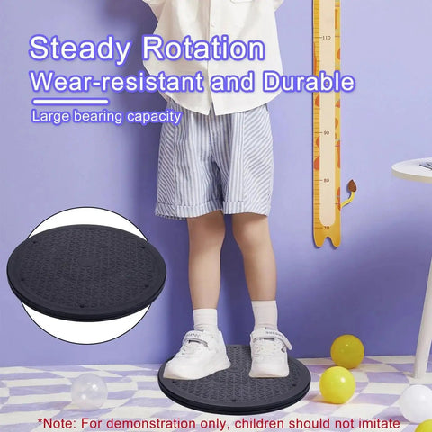 Child standing on a 2 Pack 12 Inch Lazy Susan Turntable Organizer with Heavy Duty Rotating Swivel Stand shown in black.
