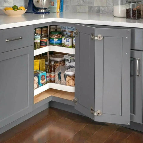 2 Pack Concealed European Style Lazy Susan Cabinet Hinges for outer corner doors in frameless cabinet, 135 degree open view, installed