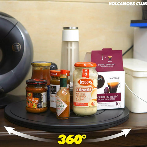 16 Inch Lazy Susan Turntable Heavy Duty Rotating Swivel Stand holding spices and sauces in a kitchen setting.