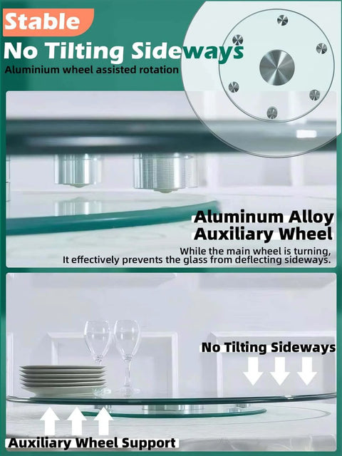 30.7 inch tabletop lazy susan made from tempered glass, rotating serving tray for dining tables highlighting stable aluminum wheel support.