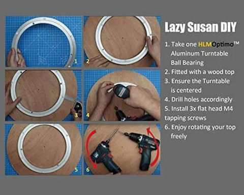 DIY steps for assembling 10 Inch Aluminum Lazy Susan Ball Bearing Turntable with tools and wood platform, Heavy Duty Silent Swivel Bearing
