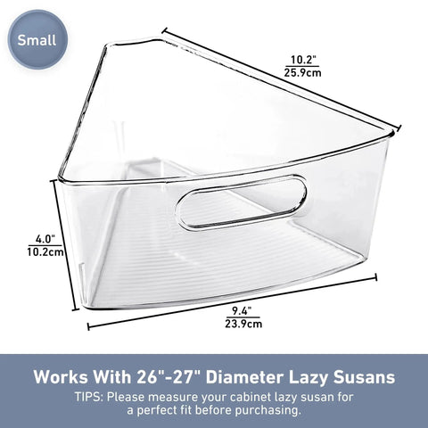 Four Pack 26 Inch Lazy Susan Organizer Bins for Corner Kitchen Cabinets Durable BPA Free Plastic with Handle Wedge One Eighth Inch Food Safe Storage Containers for Cabinets and Countertops