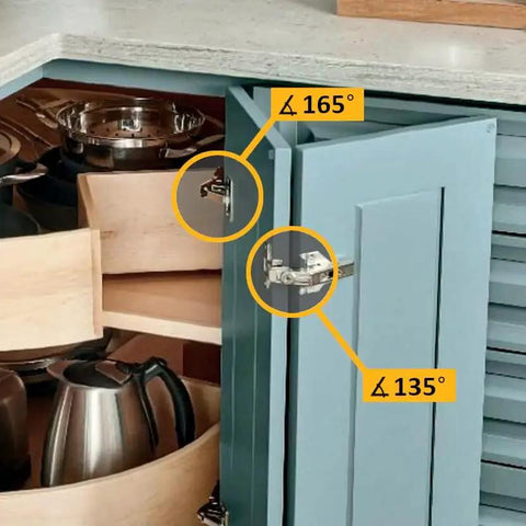 Open corner cabinet with 2 Pack Concealed European Style Lazy Susan Cabinet Hinges For Outer Corner Doors With Full Overlay 3D Adjustable Clip On Hinge 135 Degree Swing For Frameless Corner Cabinets Ideal For Frameless Cabinets And Corner Kitchens For Access To Stored Items, hinge angle labels visible