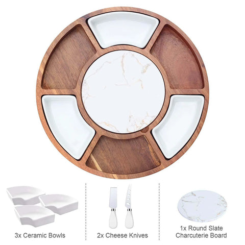 360 degree rotating lazy susan cheese and charcuterie board set with 13.5 inch acacia wood serving board and accessories.