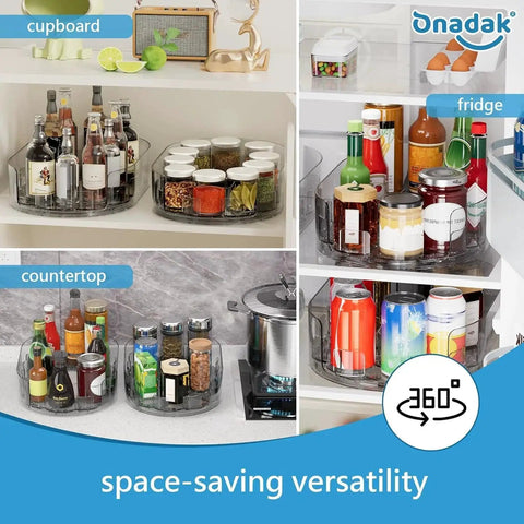 360 Degree Rotating Refrigerator Lazy Susan Turntable 13.5 Inch By 8.5 Inch organizer in fridge, cupboard, and countertop settings.