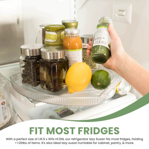 Hand accessing condiments on a rotating refrigerator lazy Susan organizer, square, 16.5 x 11 inches, clear PET, with 360 degree spin.