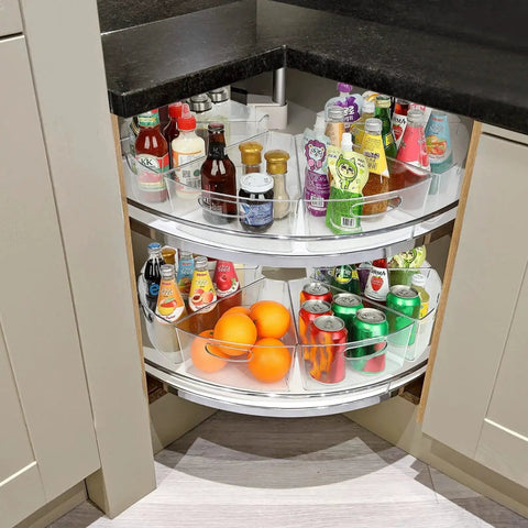 Lazy Susan Corner Cabinet Organizer Bins Set For 26 To 28 Inch Diameter Turntable Clear Plastic Storage Bins in use