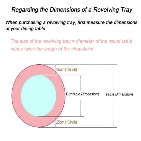 Diagram showing revolving tray dimensions for a dining table with measurement instructions for Large 28-Inch Wooden Lazy Susan Turntable.