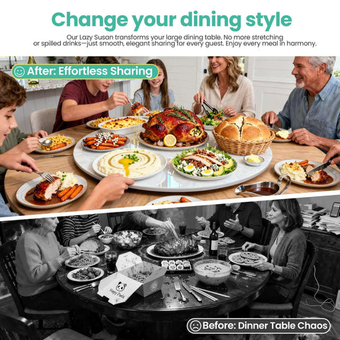23.6 inch sintered stone lazy susan turntable in white, 360 degree silent rotating centerpiece on dining table.