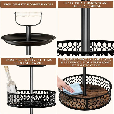 Close-up of Three-Tier Lazy Susan Organizer With Detachable Metal Rotating Spice Rack showing wooden handle and thickened metal design.