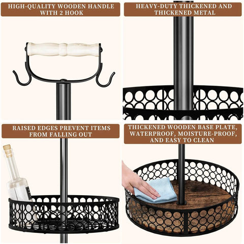 Heavy Duty 2 Tier Lazy Susan Organizer, Detachable Metal Rotating Spice Rack with Wood Panels, features and close-up details