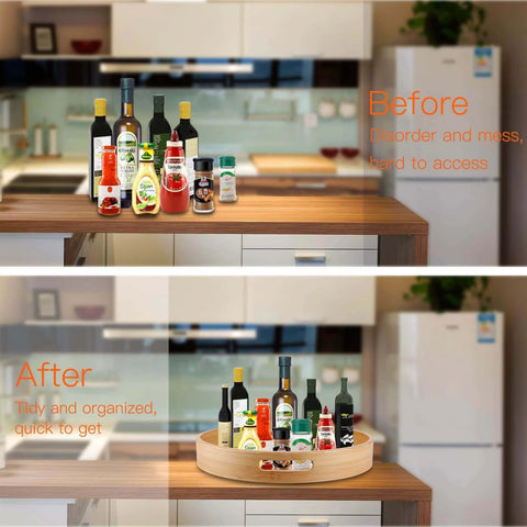 Lazy Susan Organizer 14 inch, Bamboo Lazy Susan for Table, before and after organization comparison with spices.