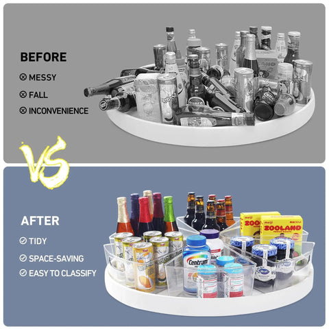 Comparison before and after using Four Pack 26 Inch Lazy Susan Organizer Bins for Corner Kitchen Cabinets Durable BPA Free Plastic with Handle Wedge One Eighth Inch Food Safe Storage Containers for Cabinets and Countertops.