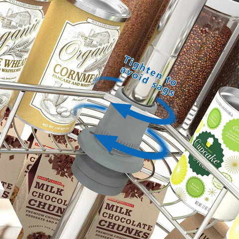 Close-up of 28 Inch Lazy Susan Cabinet Organizer showing rotating tray with cans positioned for blind corner cabinet installation