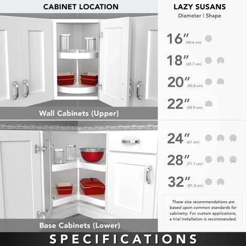 Pie-Cut Dual Tier Lazy Susan Organizer for Corner Base Cabinets in White Polymer, shown in cabinet installation diagram