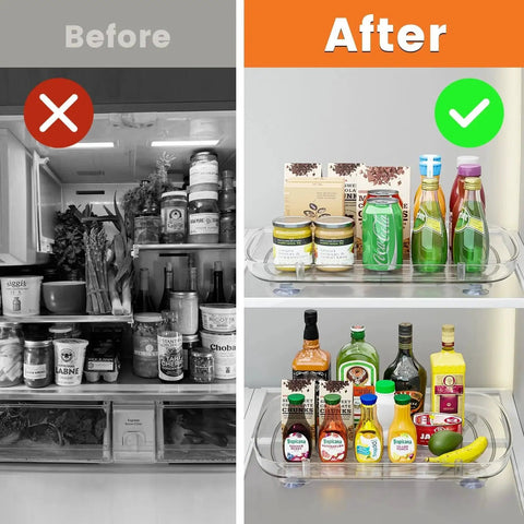 Before and after using Clear Rectangular Refrigerator Lazy Susan Organizer With 360 Degree Rotation And Pullout Design