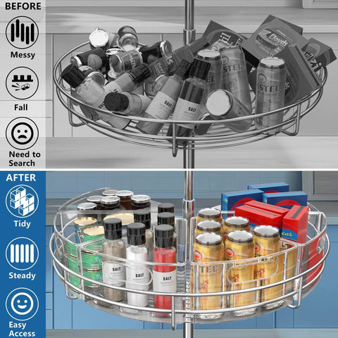 Before and after of a kitchen lazy susan with Clear One Eighth Wedge Corner Cabinet Lazy Susan Organizer Bins For 28 To 29 Inch Diameter Turntable Storage Pack Of Six BPA Free Food Safe Shatter Resistant Plastic Ideal For Kitchen Pantry Cabinets.