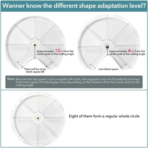 Diagram showing shape adaptation of set of 6 transparent lazy susan organizers for kitchen cabinets, wedge design, food safe, BPA free.