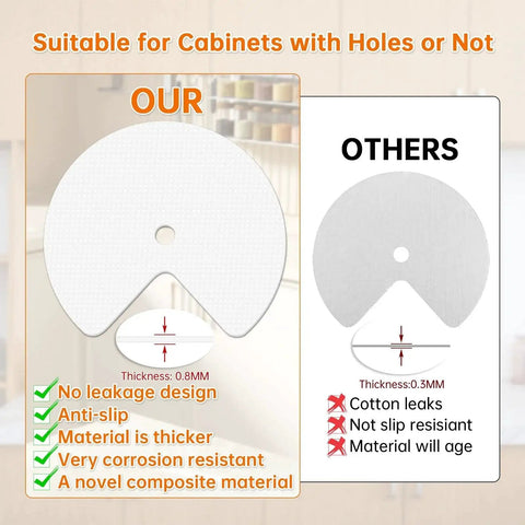 Comparison of 2 Pack 26 Inch Lazy Susan Shelf Liner With Upgraded Composite Materials showing thickness and features against others