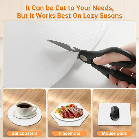 Scissors cutting a 2 Pack 26 Inch Lazy Susan Shelf Liner With Upgraded Composite Materials Circle Liner For Kitchen Cabinets