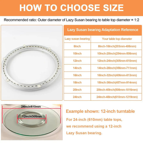 Guide for selecting Heavy Duty 24 Inch Lazy Susan Bearing With Silent Smooth Rotation For DIY Projects based on table size.
