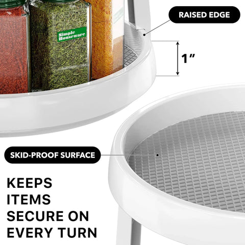 Features of Two Tier Lazy Susan Spice Organizer 10 Inch Rotating Turntable showing raised edge and skid-proof surface.