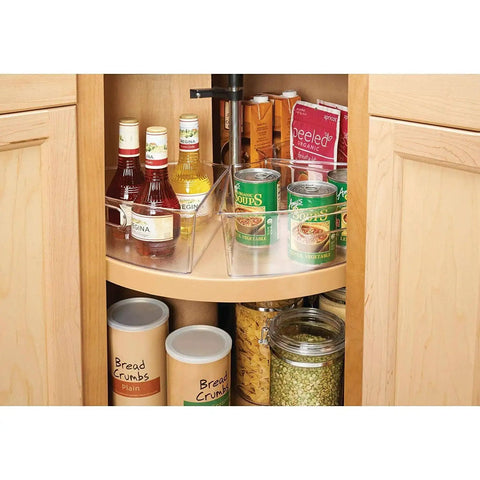 Set Of 6 Transparent Lazy Susan Organizers For Kitchen Cabinets, 10.2 By 9.4 By 4 Inches, in use with cans and bottles on shelf