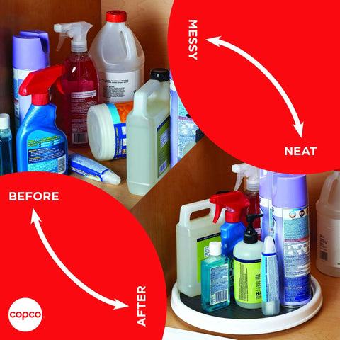 Before and after cabinet organization with 12 Inch Non Skid Pantry Lazy Susan Turntable, White and Gray Rotating Organizer with Rimmed Edge