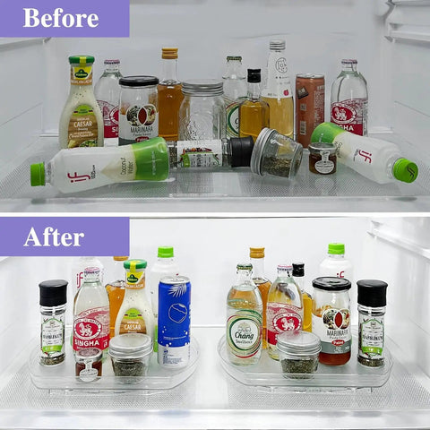 360 Degree Rotating Lazy Susan Turntable Organizer For Refrigerator Cabinet Pantry And Kitchen Countertop Measuring 11.8 Inches By 8.7 Inches Rectangular Space Saver With Smooth Spin Access Two Pack installing in fridge with bottles before and after