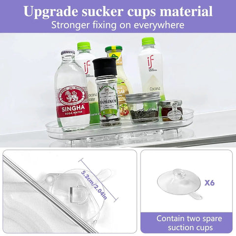 360 Degree Rotating Lazy Susan Turntable Organizer For Refrigerator Cabinet Pantry And Kitchen Countertop Measuring 11.8 Inches By 8.7 Inches Rectangular Space Saver With Smooth Spin Access Two Pack shown with bottles and cans, featuring suction cups for secure placement.