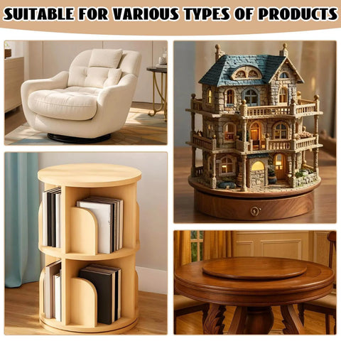 24 Inch Aluminum Alloy Lazy Susan Turntable Bearing for furniture and displays, showing versatility with chairs, shelves, and decorative items.