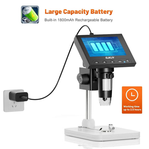 Microscope, LCD Digital Coin Microscope 1000x with rechargeable battery, showing 1800mAh capacity, charging via wall socket, 4.3-inch screen.
