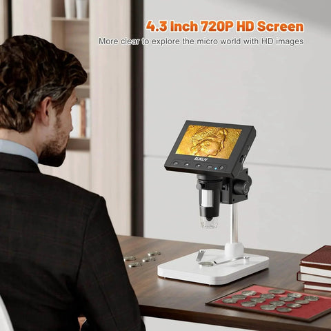 Man using Microscope, LCD Digital Coin Microscope 1000x with 4.3-inch display viewing coin details, 8 adjustable LED lights.