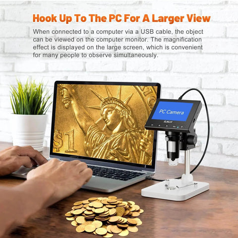 Microscope, LCD Digital Coin Microscope 1000x displaying coin on PC with 4.3-Inch screen, showing connection with MacBook or Windows.