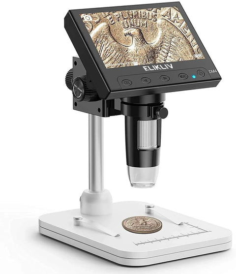 Microscope, LCD Digital Coin Microscope 1000x, Coin Magnifier with 8 Adjustable LED Lights, PC View Compatible with Windows/MacBook, EDM4, 4.3-Inch displaying a magnified coin.