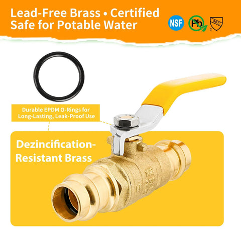 1/2-inch brass ball valve with yellow lever, lead-free brass body, EPDM O-rings for copper tubing