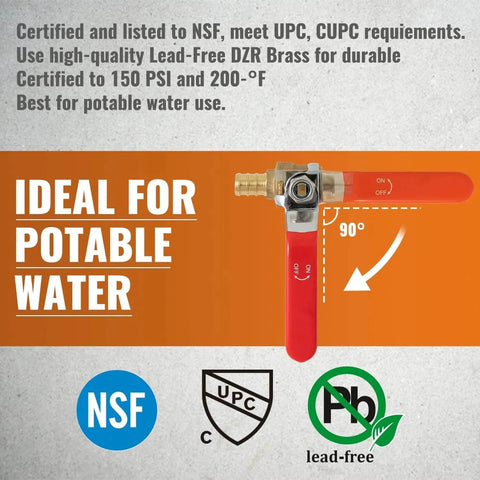 Image of Ten Pack PEX Ball Valve One Half Inch Full Port Quarter Turn Crimp Shut Off Valve with NSF and UPC certifications.