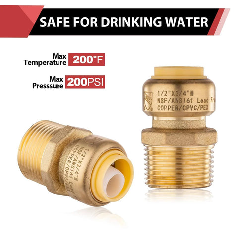 Two Pack Push Fit Half Inch To Three Quarter Inch Male Adapter With Disconnect Tool For Pex Copper CPVC And PERT Pipe Fits Potable Water And Hydronic Heating Up To Two Hundred PSI And Two Hundred Degrees Fahrenheit Includes No Sweat Disconnect Tool