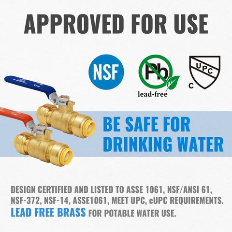 Half Inch Shut Off Ball Valve Pack Of 2, Push To Connect Water Shutoff Valves With Red And Blue Handles, Lead Free Brass Fittings
