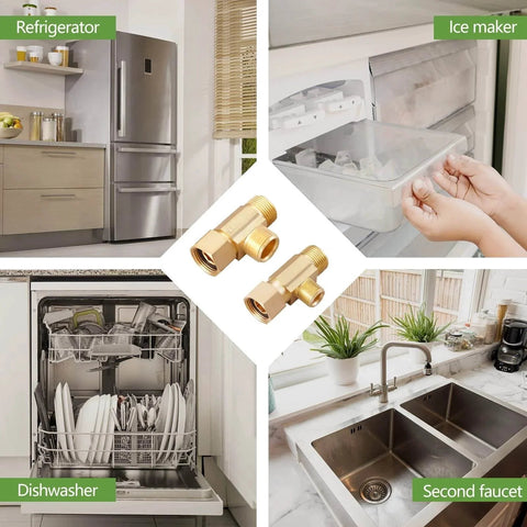 Lead Free Brass Three Eighth Inch Angle Stop Add A Tee Compression Tee Valve With Three Eighth Inch Inlet And Outlet Connections Two Pack For Residential And Commercial Potable Water Applications, shown in kitchen and appliance settings.